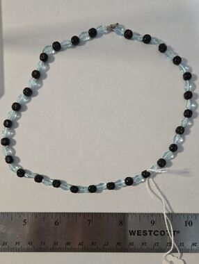 Hand Crafted 17" Black and Light Blue Beaded Necklace
